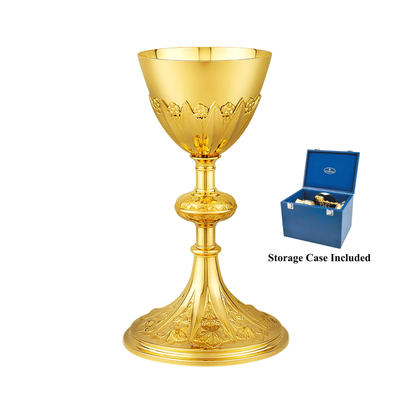 Gold chalice with intricate designs on a white background, accompanied by a blue storage case.