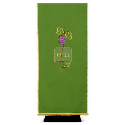 Lectern cover with embroidered Alpha Omega & Grapes and Leaves. Made by Desta and sold by The Clergy Store