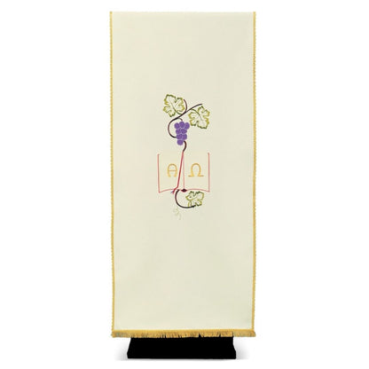 Lectern cover with embroidered Alpha Omega & Grapes and Leaves. Made by Desta and sold by The Clergy Store