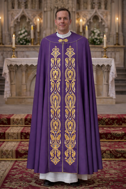 Priest wearing a purple liturgical cope vestment with gold embroidery in a church setting.