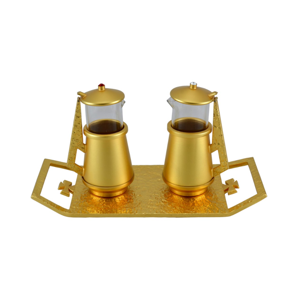Cruet Set With Crystal Wine and Water Glass in Gold Plated Finish