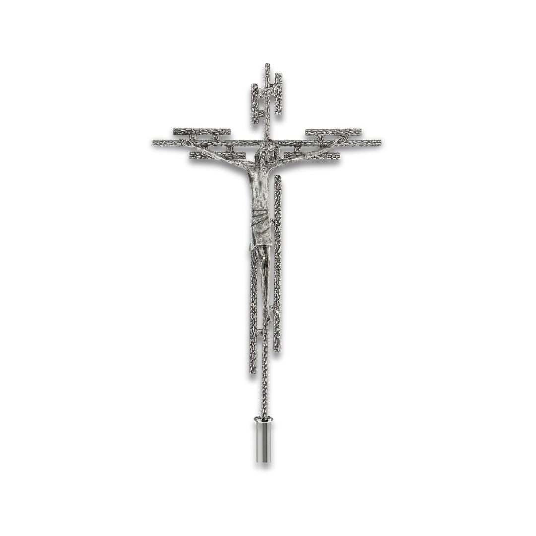 Processional cross stylized style finished in silver. Made in Italy and sold by The Clergy Store