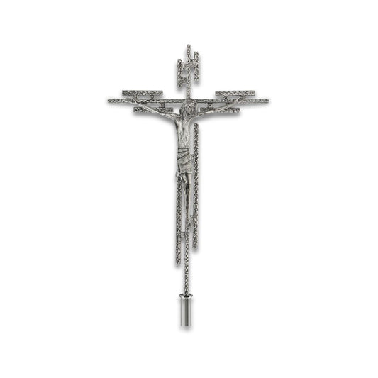 Processional cross stylized style finished in silver. Made in Italy and sold by The Clergy Store