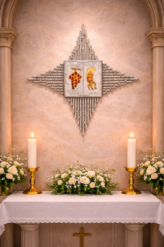 Bronze double door wall tabernacle with  a design of grapes and ears of wheat in a silver finish and rays. Made in Italy and sold by The Clergy Store