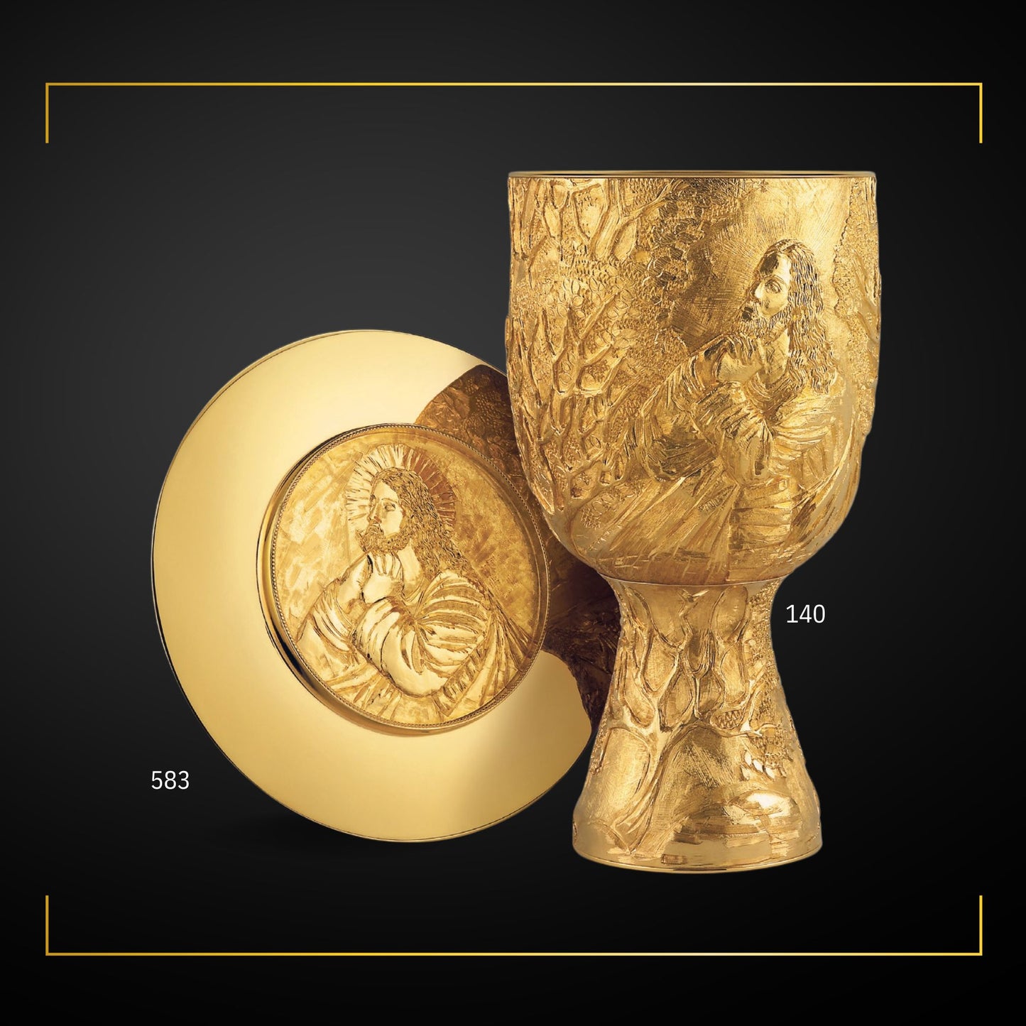 Chalice & Paten with Ring in modern style with image of Jesus in the Garden of Olives, 7 7/8” Ht. sold by The Clergy Store