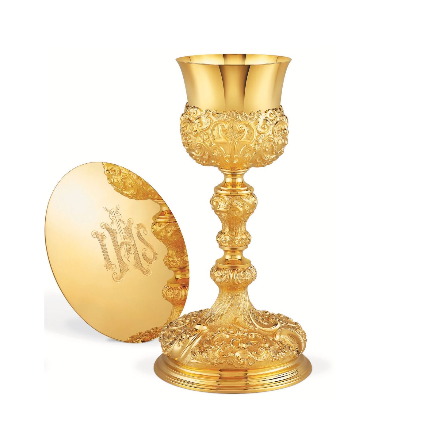 Chalice  &  Scale Paten in baroque style with images of the Passion tools, 11” Ht.  Made in Poland and sold by The Clergy Store