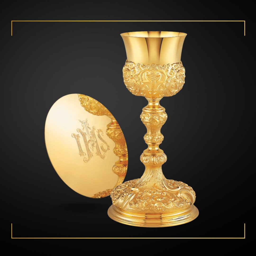 Chalice  &  Scale Paten in baroque style with images of the Passion tools, 11” Ht.  Made in Poland and sold by The Clergy Store