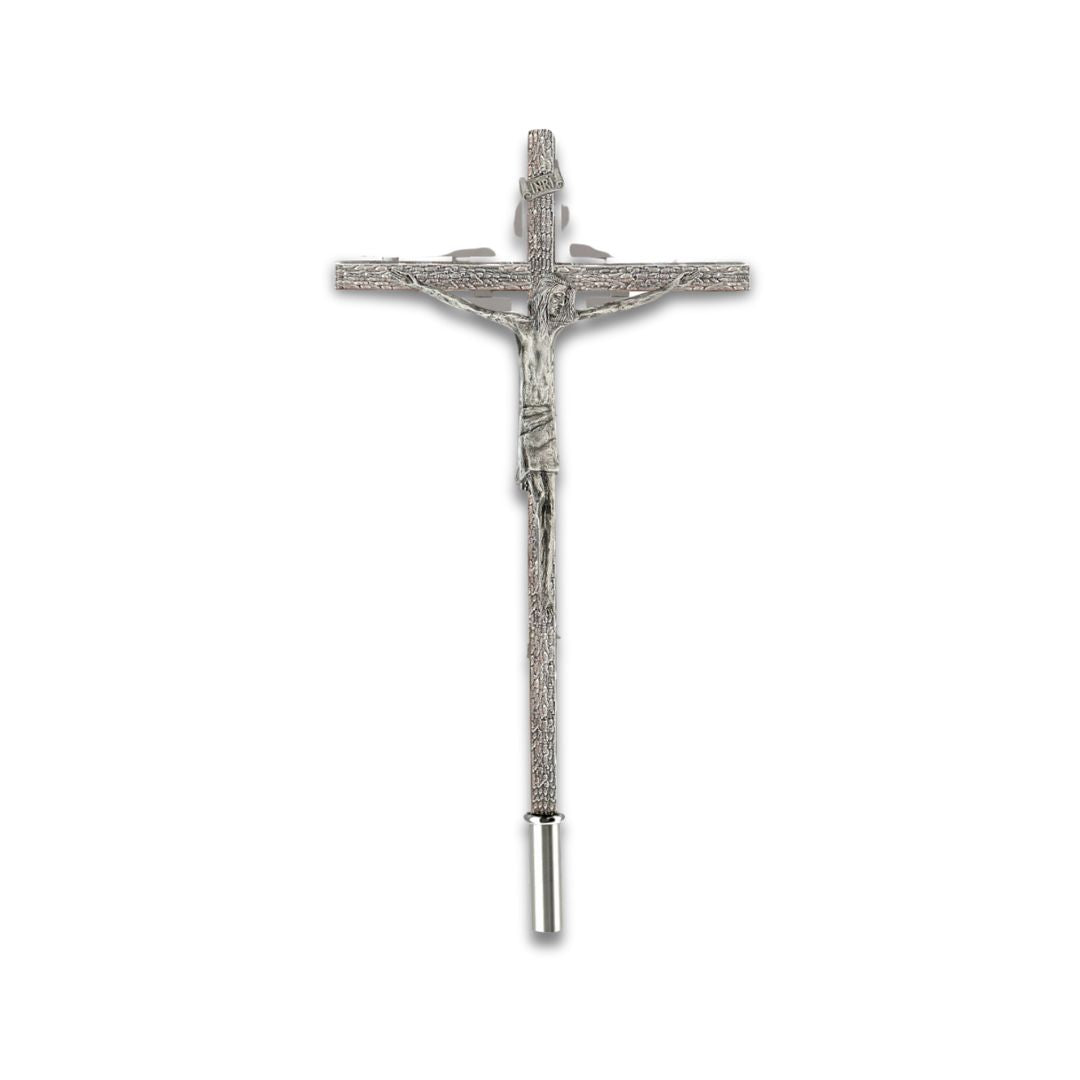 Processional cross stylized style finished in silver. Made in Italy and sold by The Clergy Store