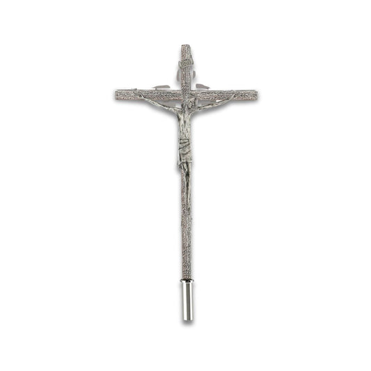 Processional cross stylized style finished in silver. Made in Italy and sold by The Clergy Store