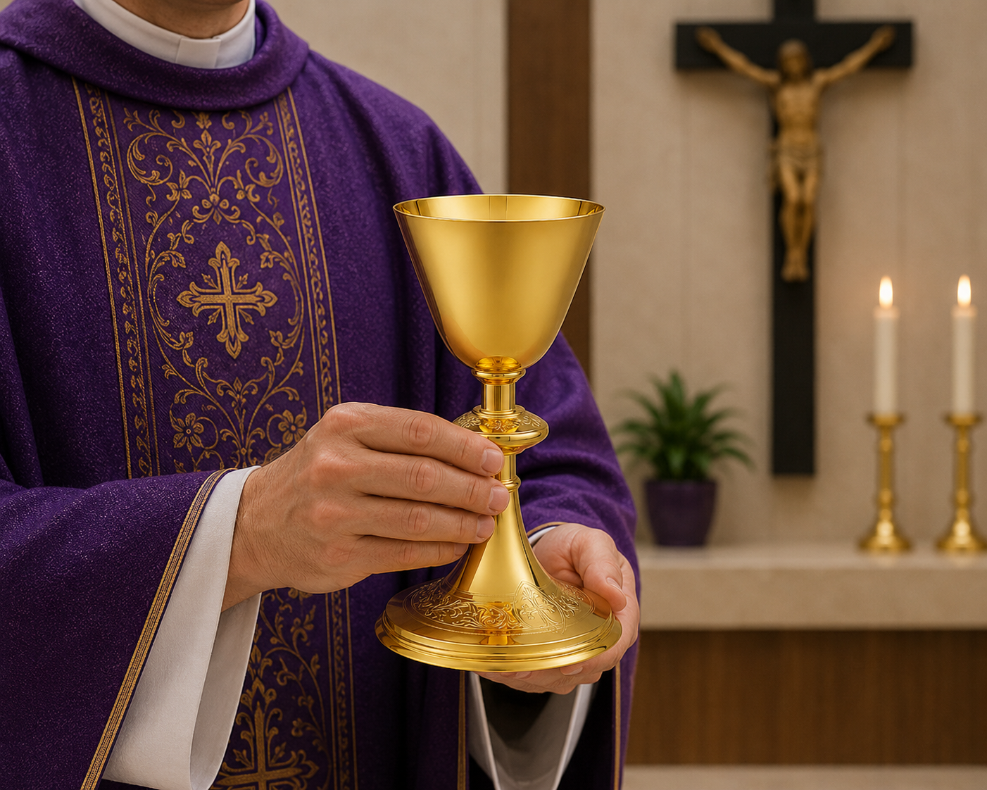 Priest in purple vestment holding a gold chalice in a church setting with a crucifix and candles.