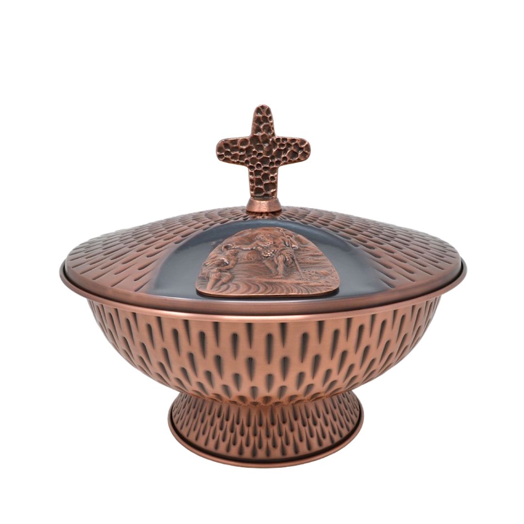 Baptismal font in bronze finish with relief of baptism made in Italy and sold by The Clergy Store