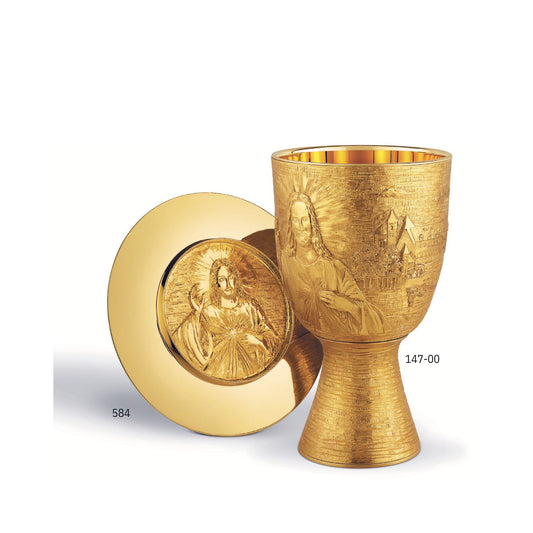 Chalice & Paten with Ring in modern style with images of Merciful  Jesus, St. Faustina and the Sanctuary of the Divine Mercy in Lagiewniki, 7 1/4” Ht. sold by The Clergy Store