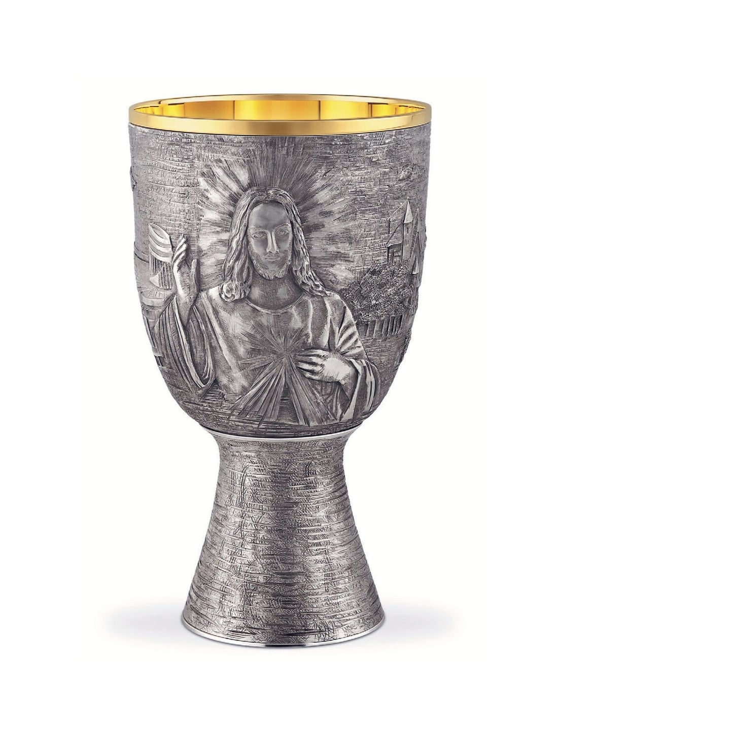 Chalice & Paten with Ring in modern style with images of Merciful Jesus, St. Faustina and the Sanctuary of the Divine Mercy in Lagiewniki, 7 1/4” Ht. sold by The Clergy Store