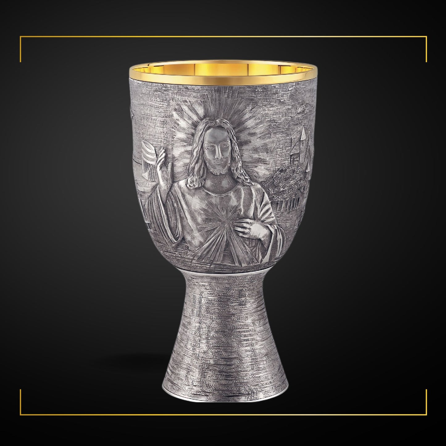 Chalice & Paten with Ring in modern style with images of Merciful Jesus, St. Faustina and the Sanctuary of the Divine Mercy in Lagiewniki, 7 1/4” Ht. sold by The Clergy Store