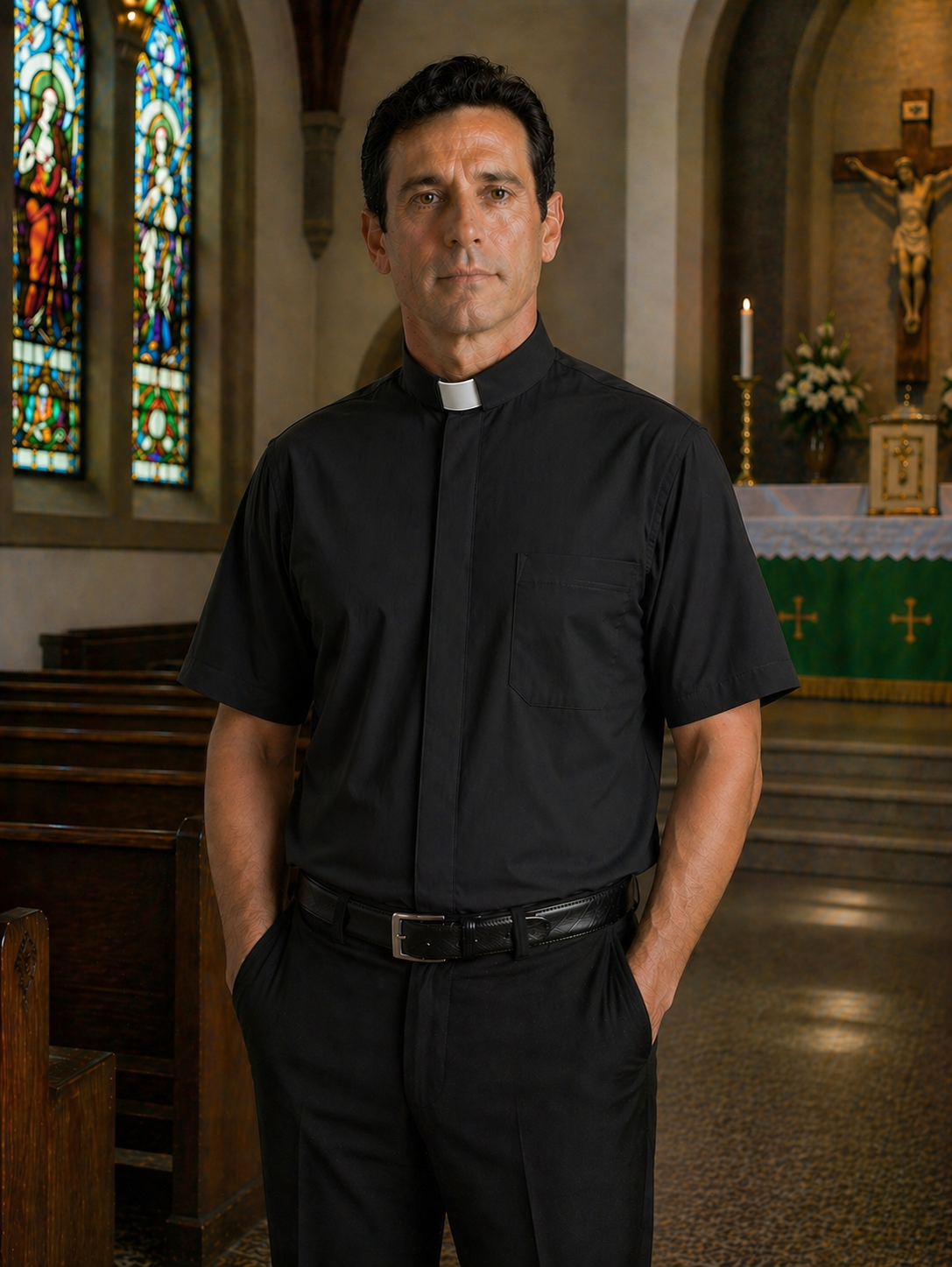 Clergy shirt black short sleeve cotton blend by Desta Italy
