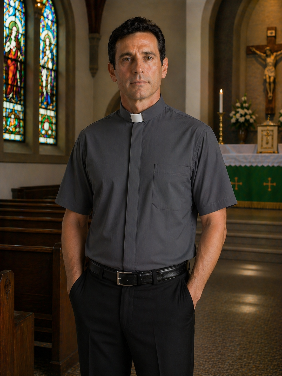 Clergy shirt grey short sleeve cotton blend by Desta Italy