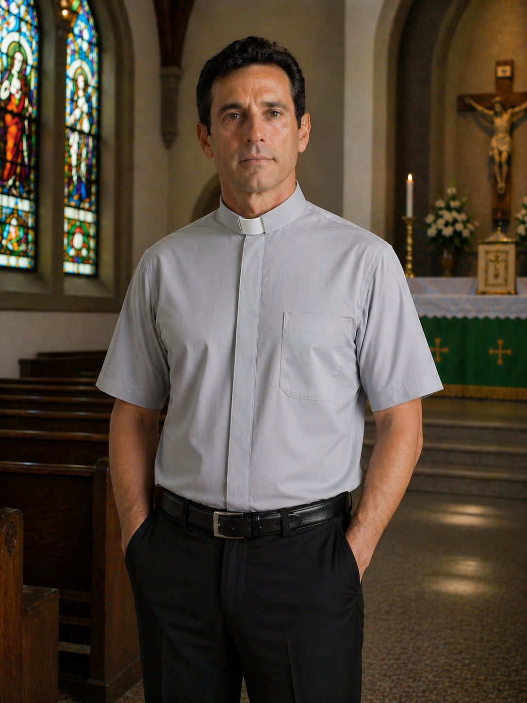 Clergy shirt light grey short sleeve cotton blend by Desta Italy