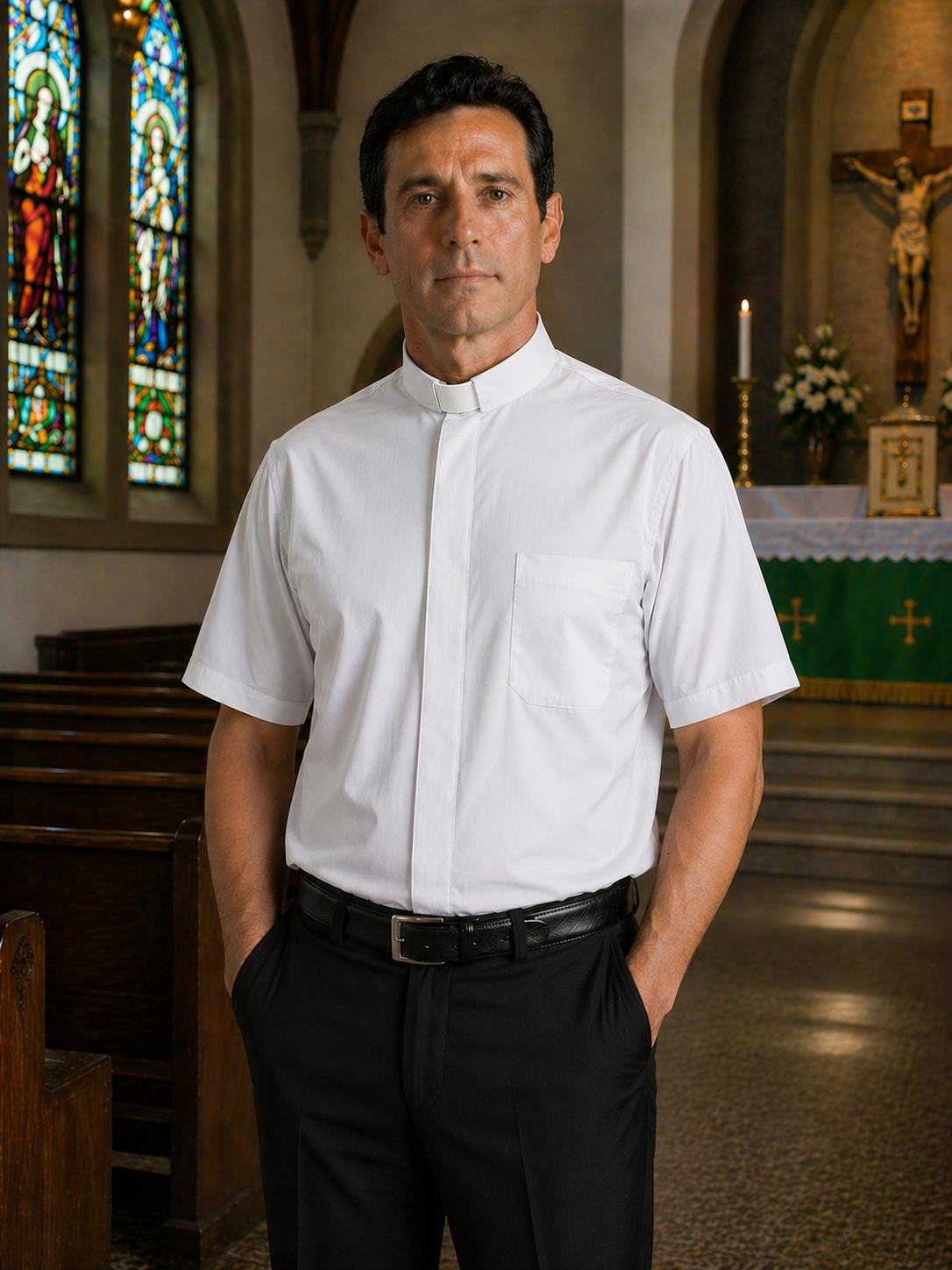 Clergy shirt white short sleeve cotton blend by Desta Italy