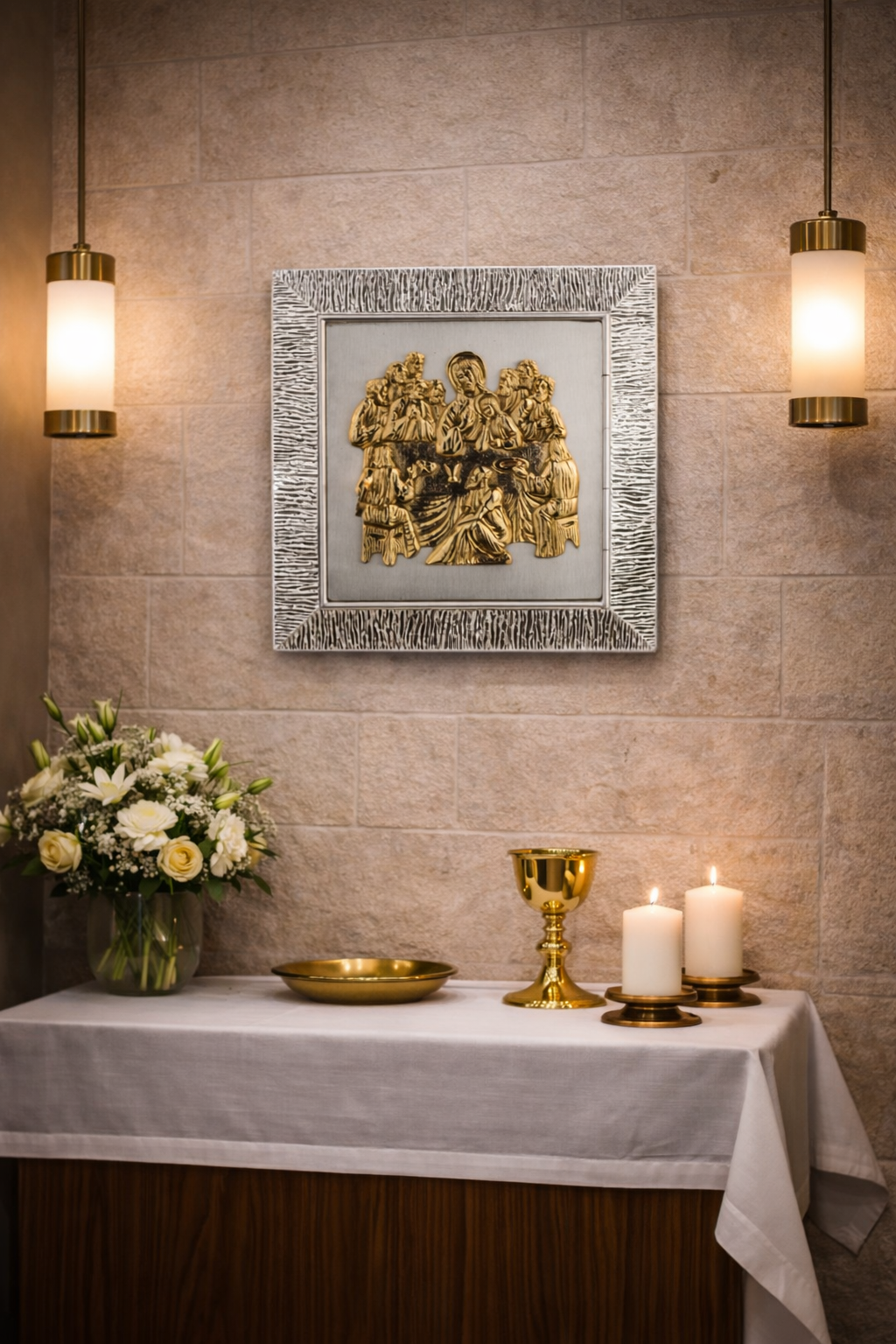Bronze wall tabernacle Last Supper in silver  two tone finish . Made in Italy and sold by The Clergy Store