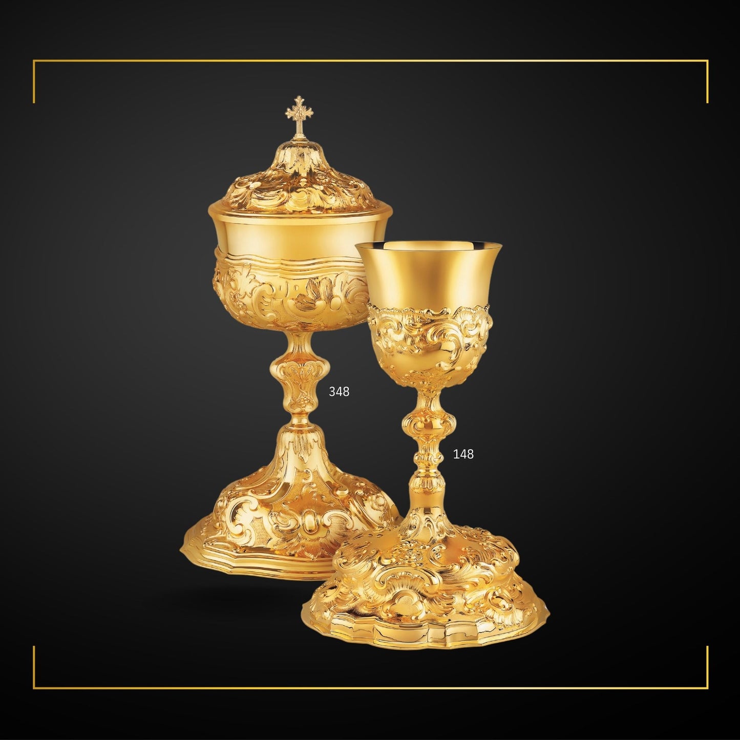 Chalice & Ciborium set in baroque style, Sold by The Clergy Store