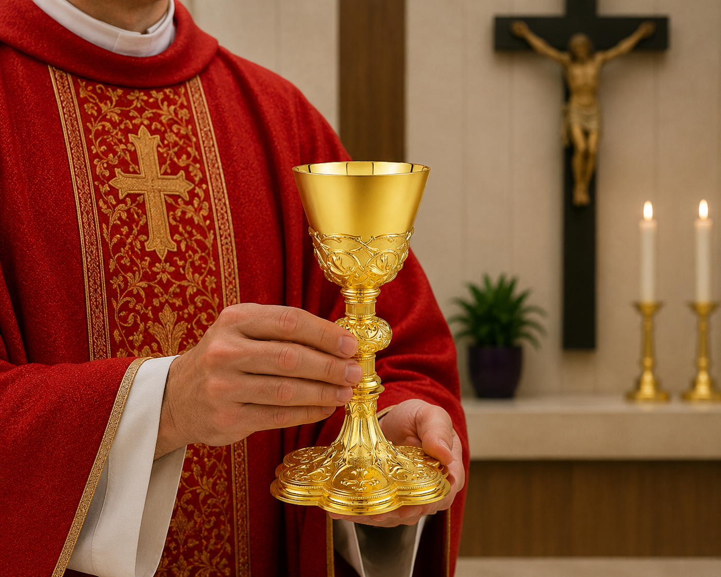 Priest in red vestment holding a gold chalice in a church setting with crucifix and candles.
