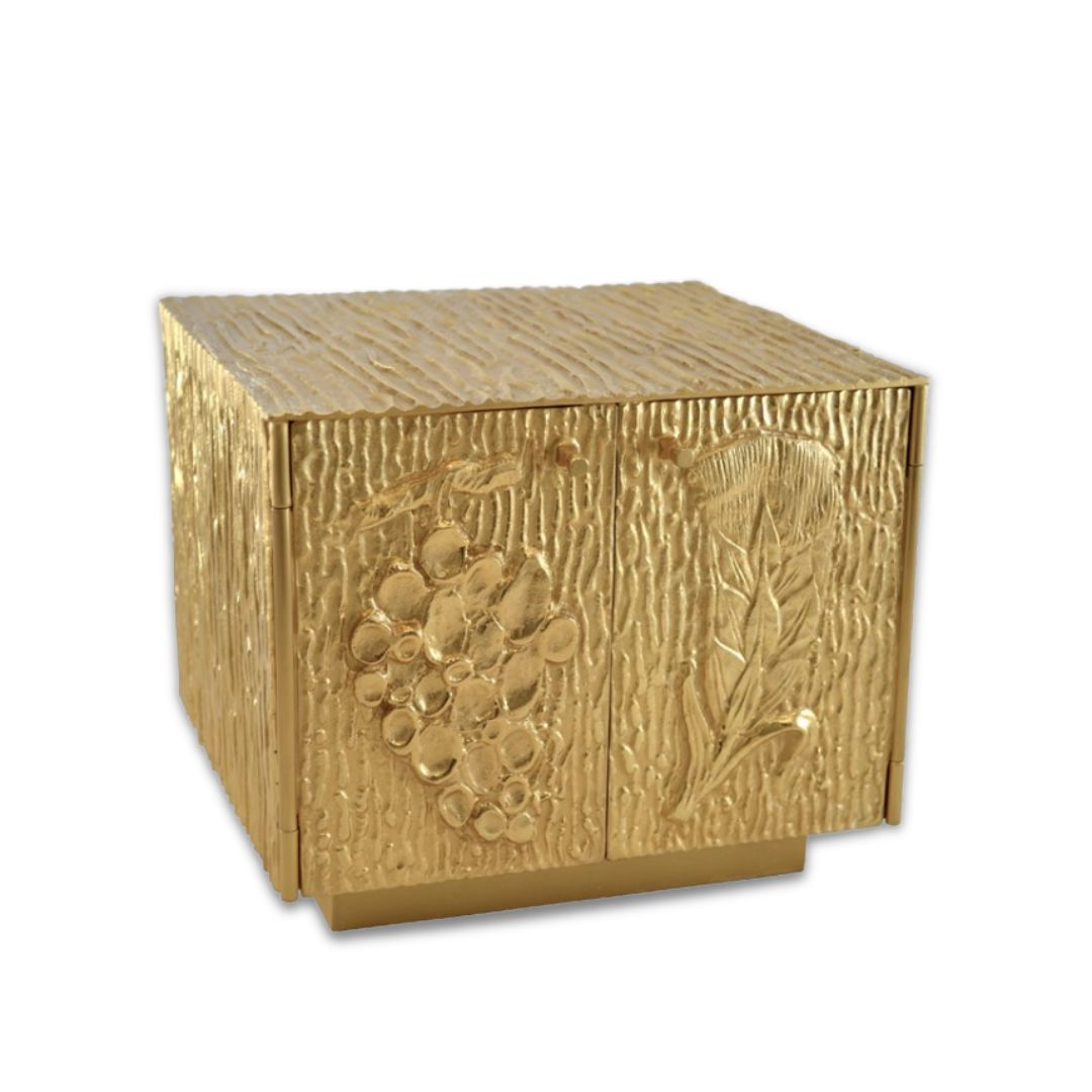 Bronze double door tabernacle with  a design of grapes and ears of wheat in a gold finish. Made in Italy and sold by The Clergy Store
