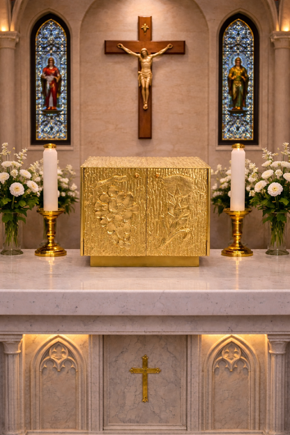 Bronze double door tabernacle with  a design of grapes and ears of wheat in a gold finish. Made in Italy and sold by The Clergy Store