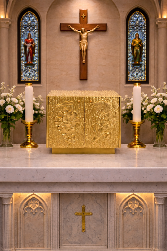 Bronze double door tabernacle with  a design of grapes and ears of wheat in a gold finish. Made in Italy and sold by The Clergy Store