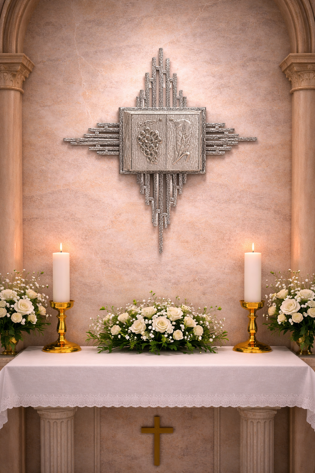 Bronze double door tabernacle with  a design of grapes and ears of wheat in a silver finish and rays. Made in Italy and sold by The Clergy Store