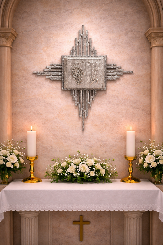 Bronze double door tabernacle with  a design of grapes and ears of wheat in a silver finish and rays. Made in Italy and sold by The Clergy Store