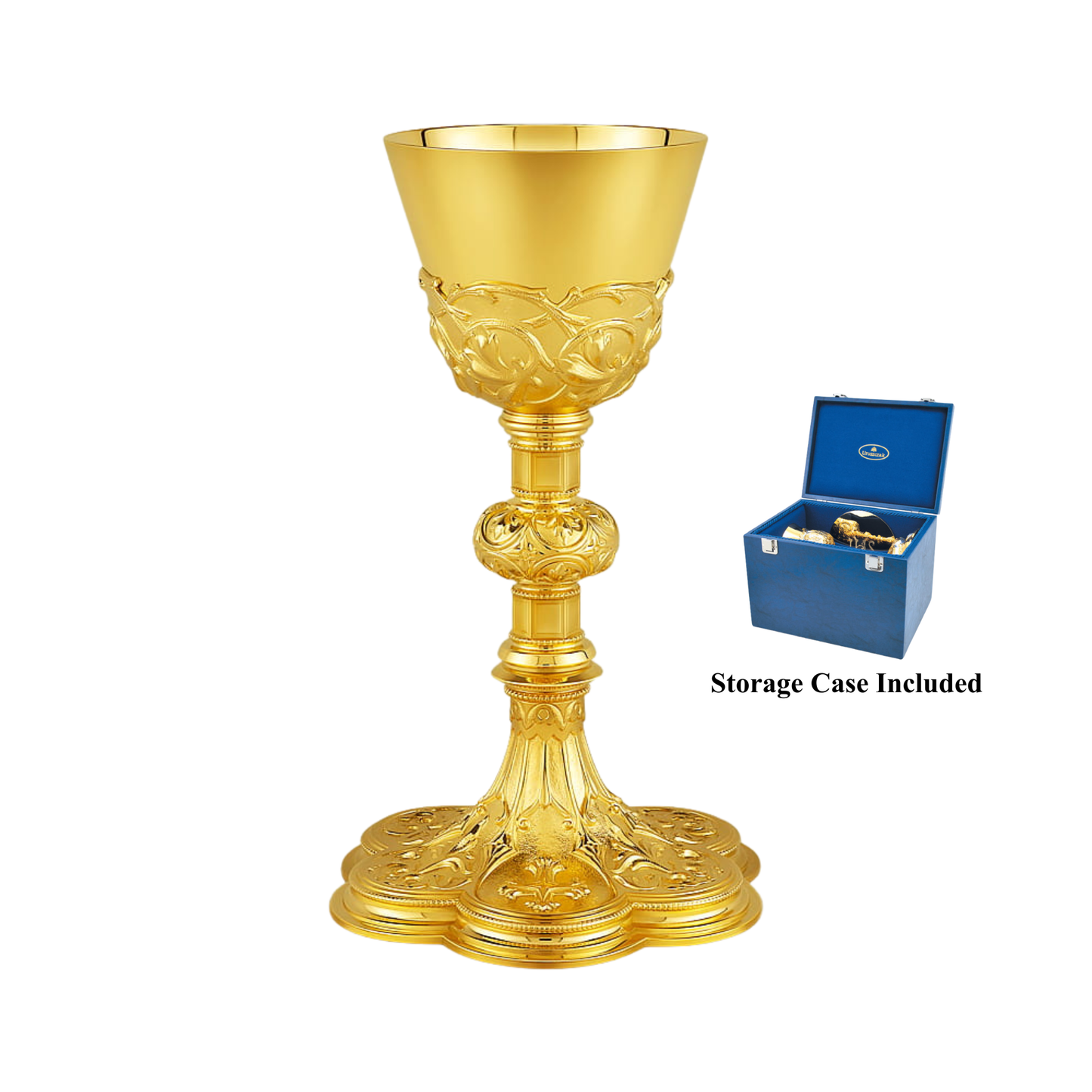 Gold goblet with intricate designs  accompanied by a blue storage case.