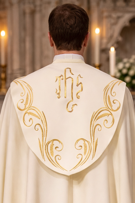 Priest wearing a white liturgical vestment with gold embroidery in a church setting.