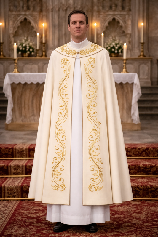 Priest in ornate white and gold cope standing in a church setting.