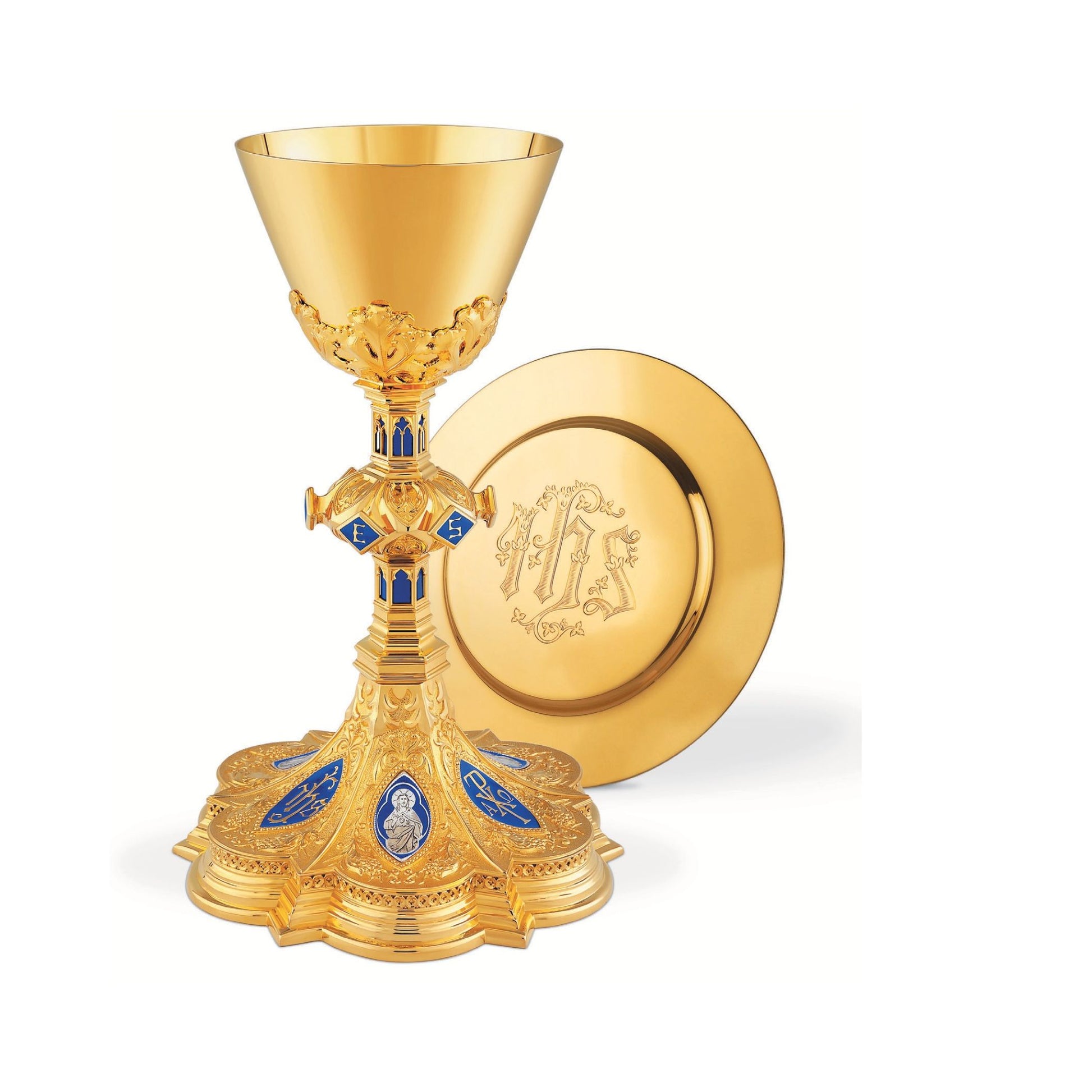 Chalice & Dish Paten in neo-gothic style with enameled medallions of 
the Holy Family , 9 7/8” Ht. sold by The Clergy Store