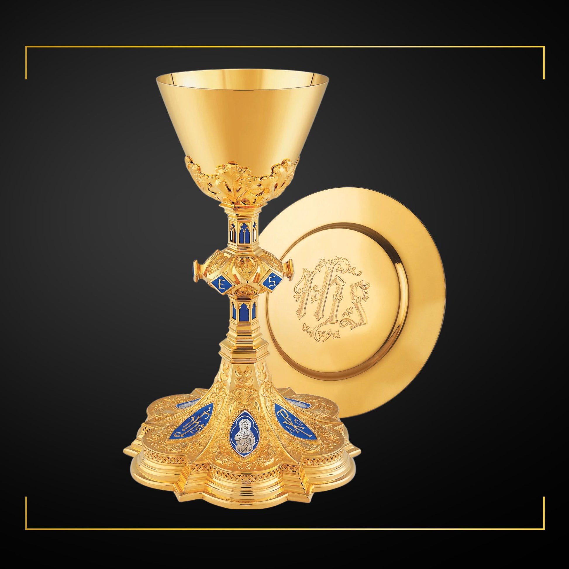 Chalice & Dish Paten in neo-gothic style with enameled medallions of 
the Holy Family , 9 7/8” Ht.  sold by The Clergy Store