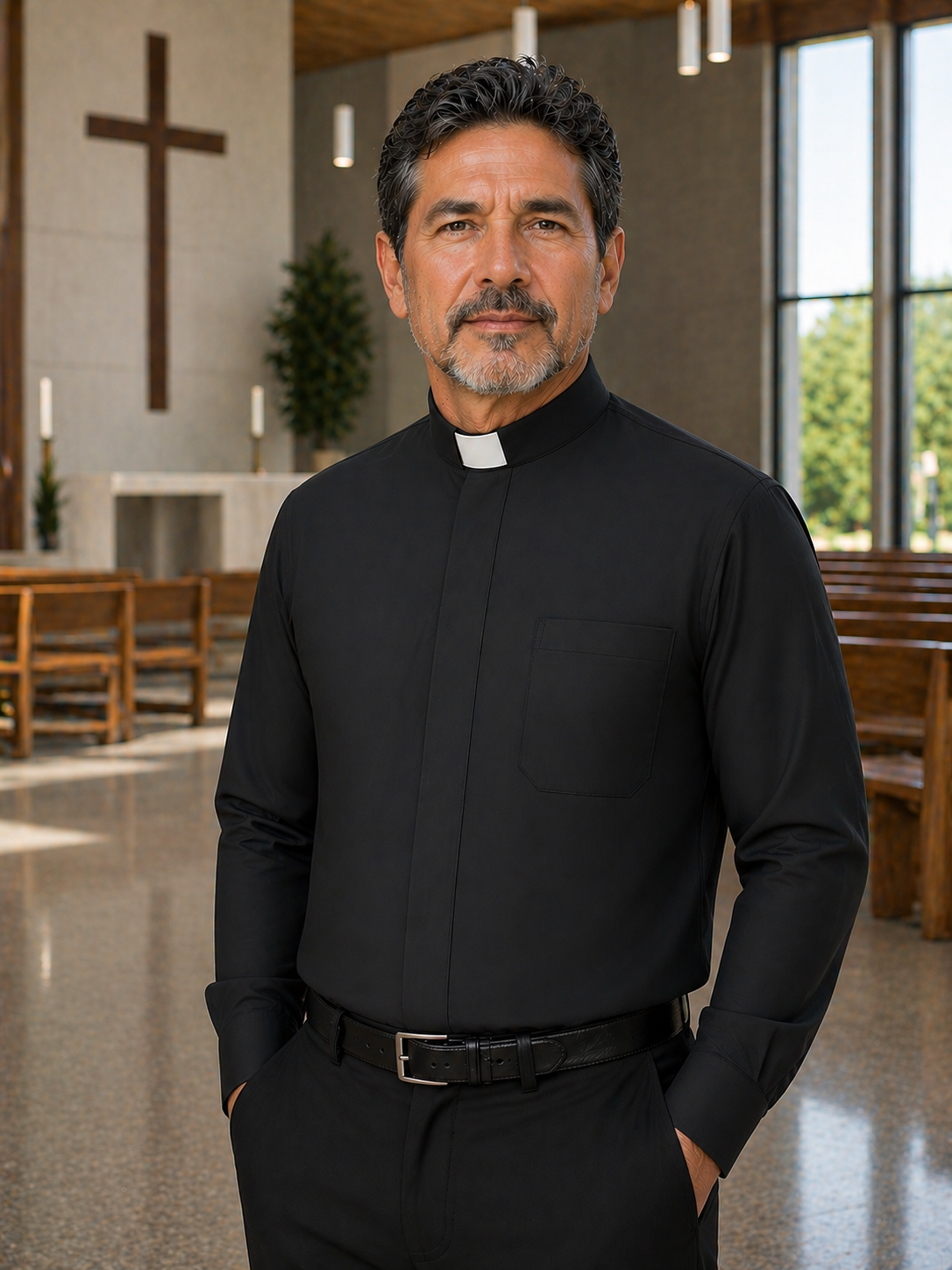 Men's clergy shirt tab collar black long sleeves made in Italy