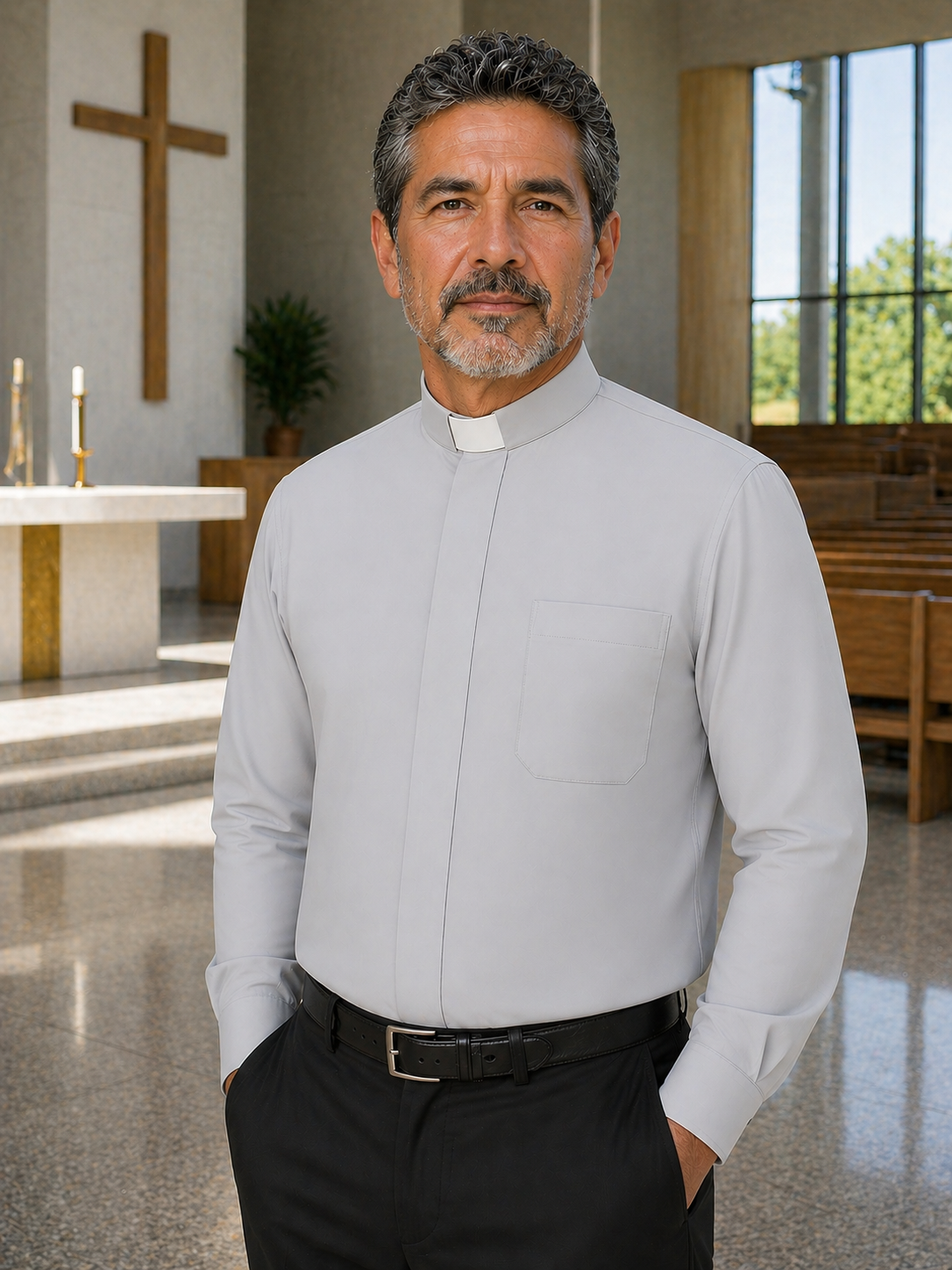 Men's clergy shirt tab collar light grey long sleeves made in Italy