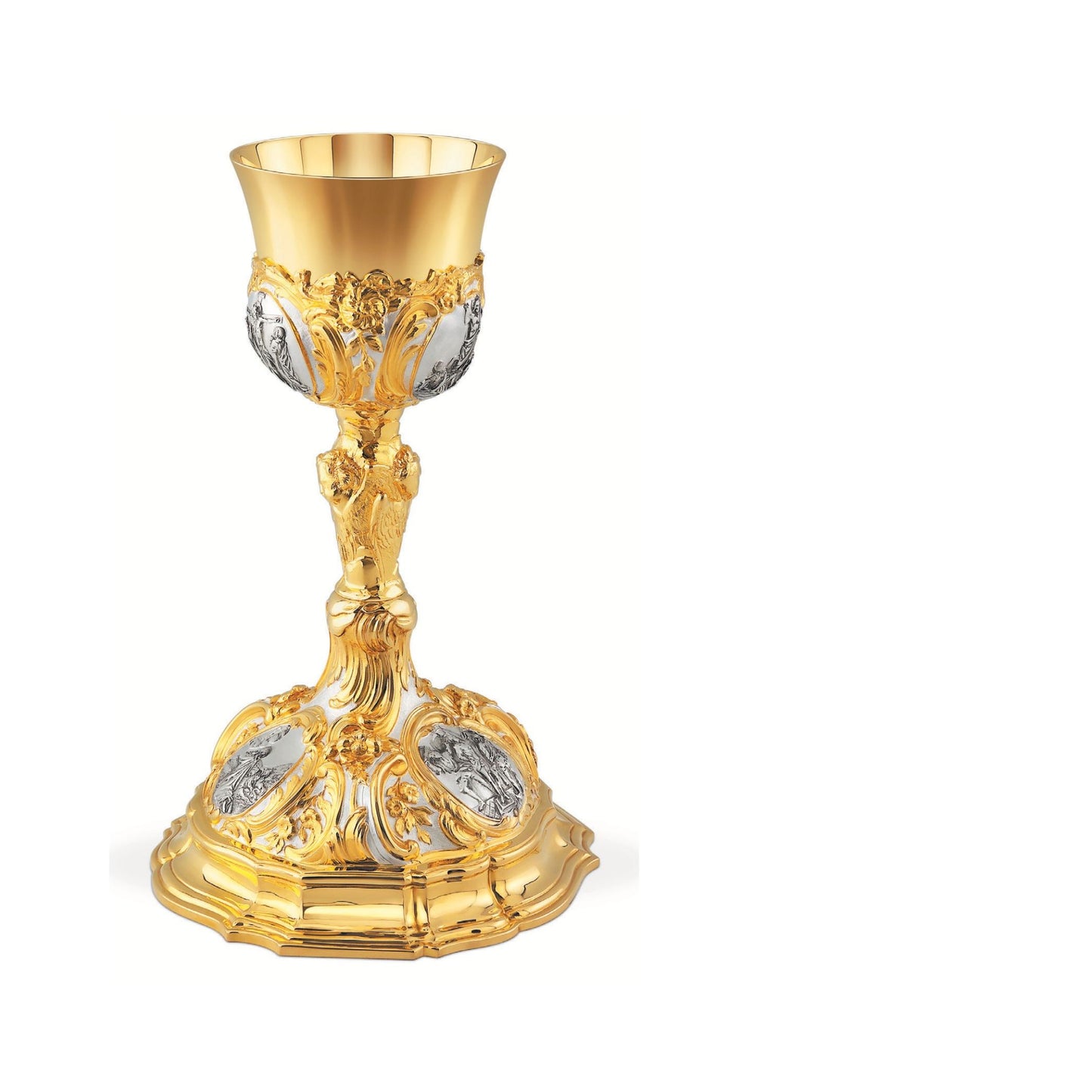 Chalice & Paten in baroque style with images of the Life of Christ,         
11” Ht.  sold by The Clergy Store