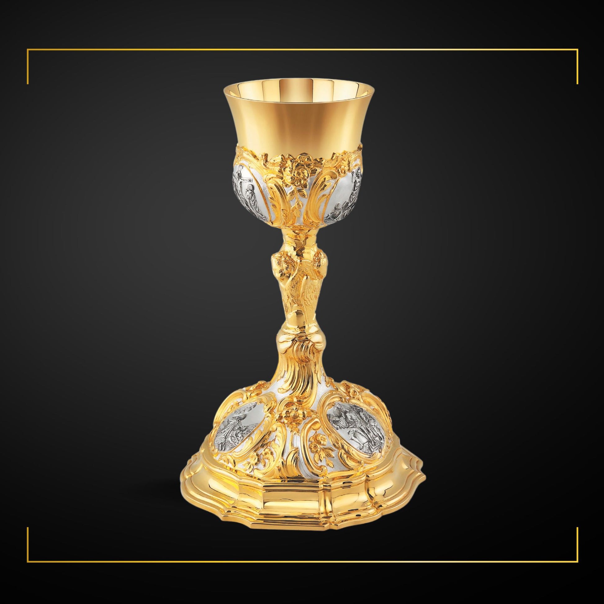 Chalice & Paten in baroque style with images of the Life of Christ,         
11” Ht.  sold by The Clergy Store