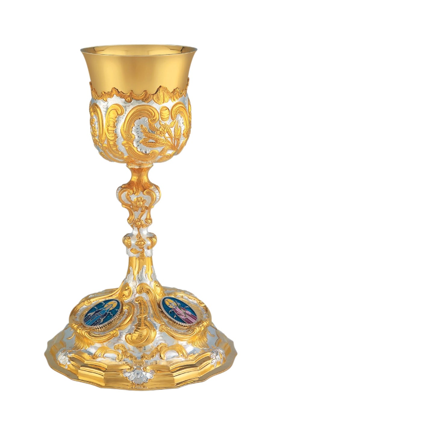 Chalice & Paten in baroque style with medallions of the Holy Family,  Made in Poland and sold by The Clergy Store