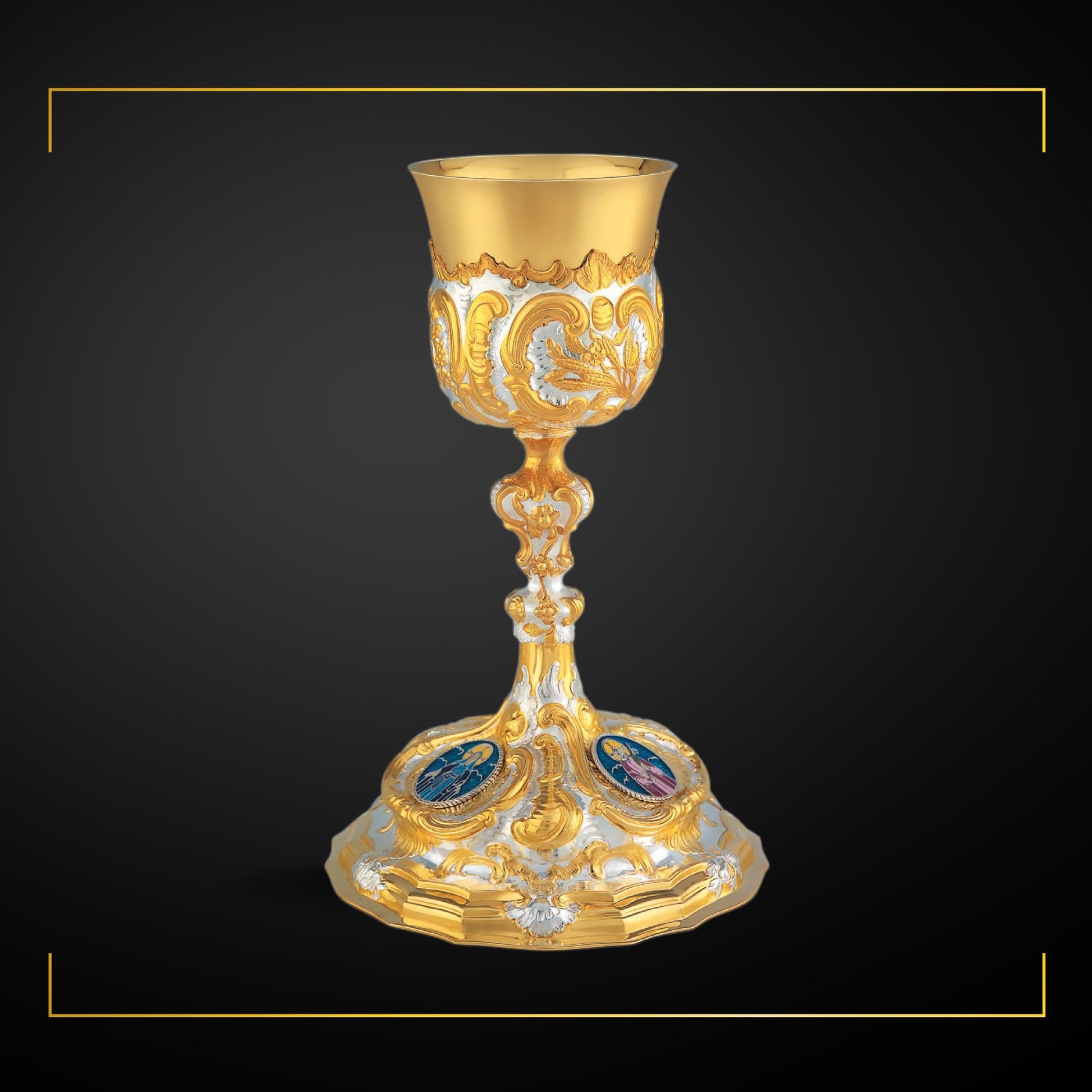 Chalice & Paten in baroque style with medallions of the Holy Family,  Made in Poland and sold by The Clergy Store