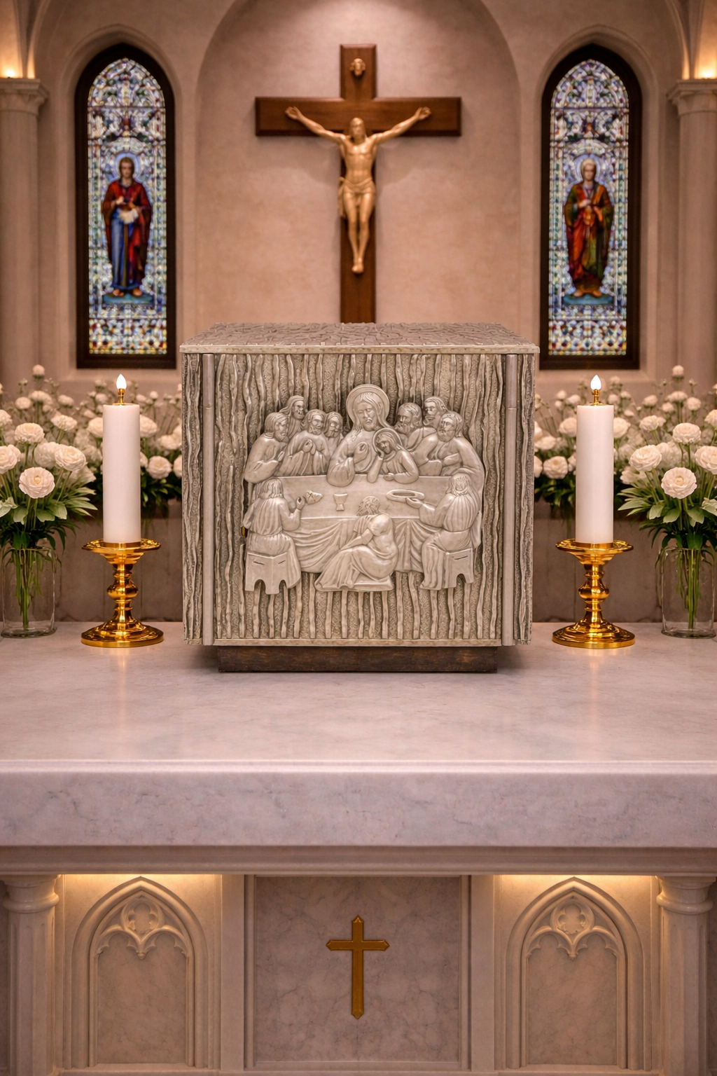 Bronze tabernacle with  a design of The Last Supper in a silver finish. Made in Italy and sold by The Clergy Store