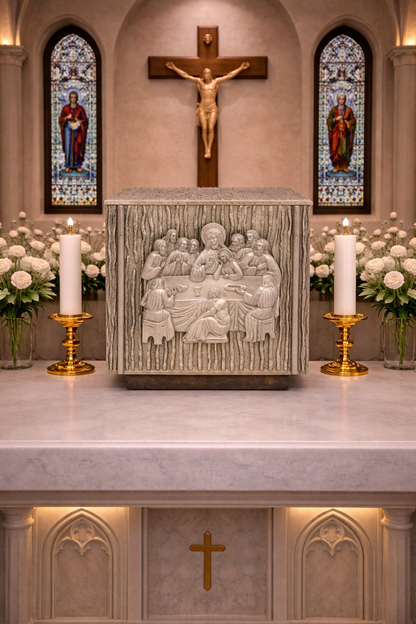 Bronze tabernacle with  a design of The Last Supper in a silver finish. Made in Italy and sold by The Clergy Store