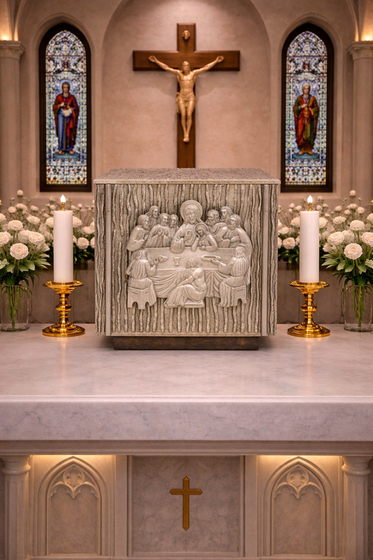 Bronze tabernacle with  a design of The Last Supper in a silver finish. Made in Italy and sold by The Clergy Store