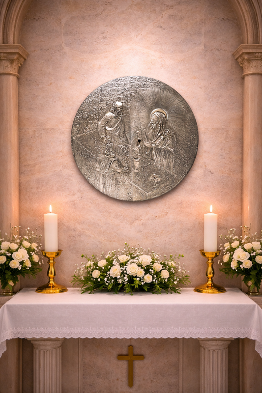 Bronze wall tabernacle Last Supper in silver finish . Made in Italy and sold by The Clergy Store