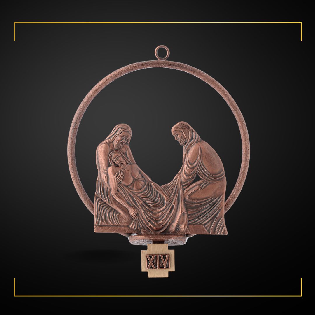 Stations of the Cross in copper bronze finish. Made in Italy and Sold by The Clergy Store