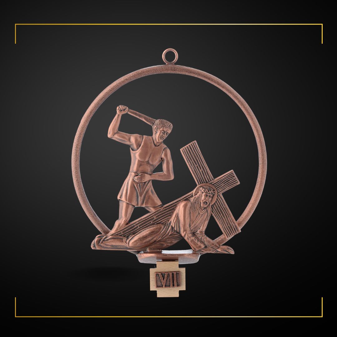 Stations of the Cross in copper bronze finish. Made in Italy and Sold by The Clergy Store