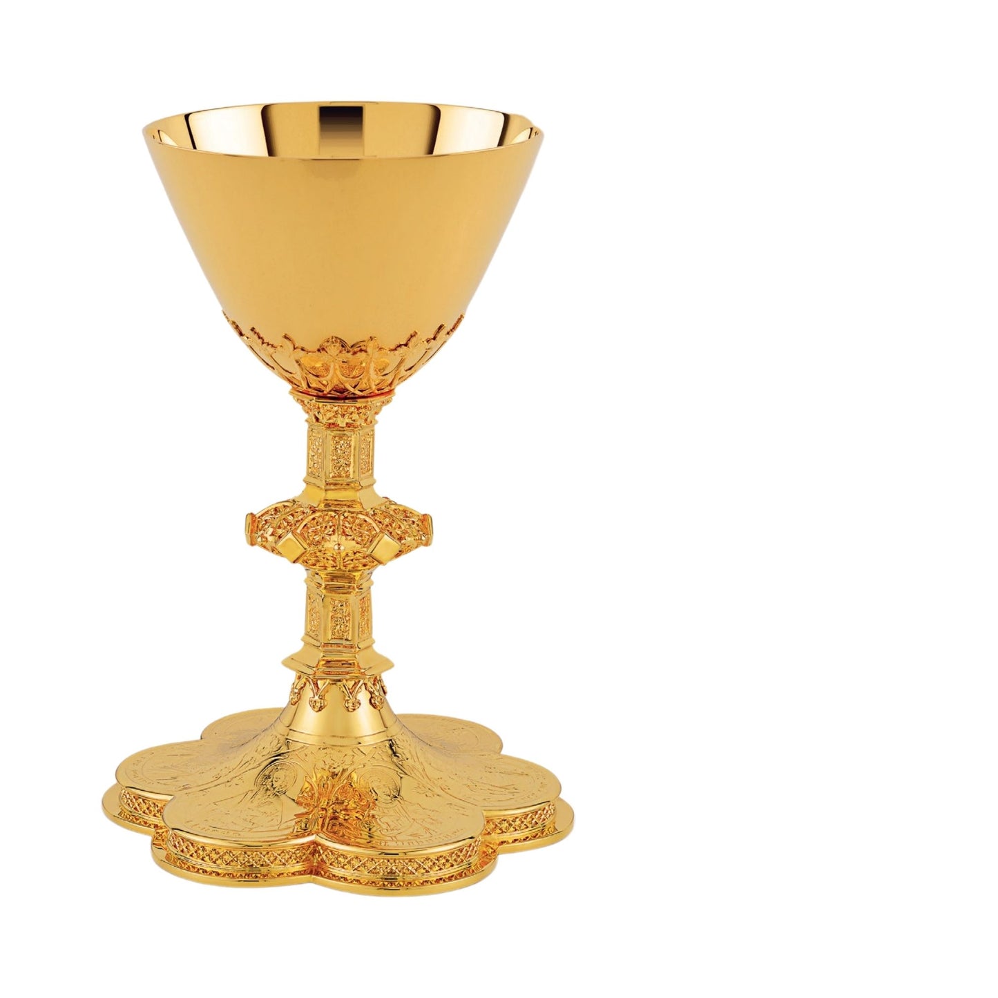 Chalice & Scale Paten in neo-gothic style with engraved images of the 
Mother of God , Jesus  and  the Evangelists, 8 5/8” Ht. Sold by The Clergy Store