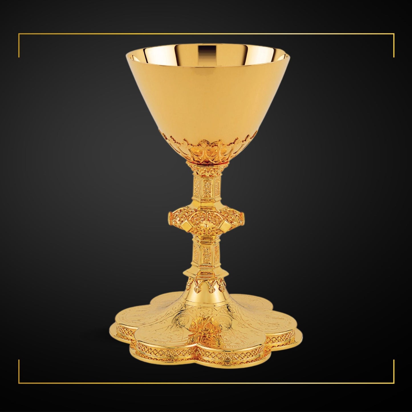 Chalice & Scale Paten in neo-gothic style with engraved images of the 
Mother of God , Jesus  and  the Evangelists, 8 5/8” Ht. Sold by The Clergy Store