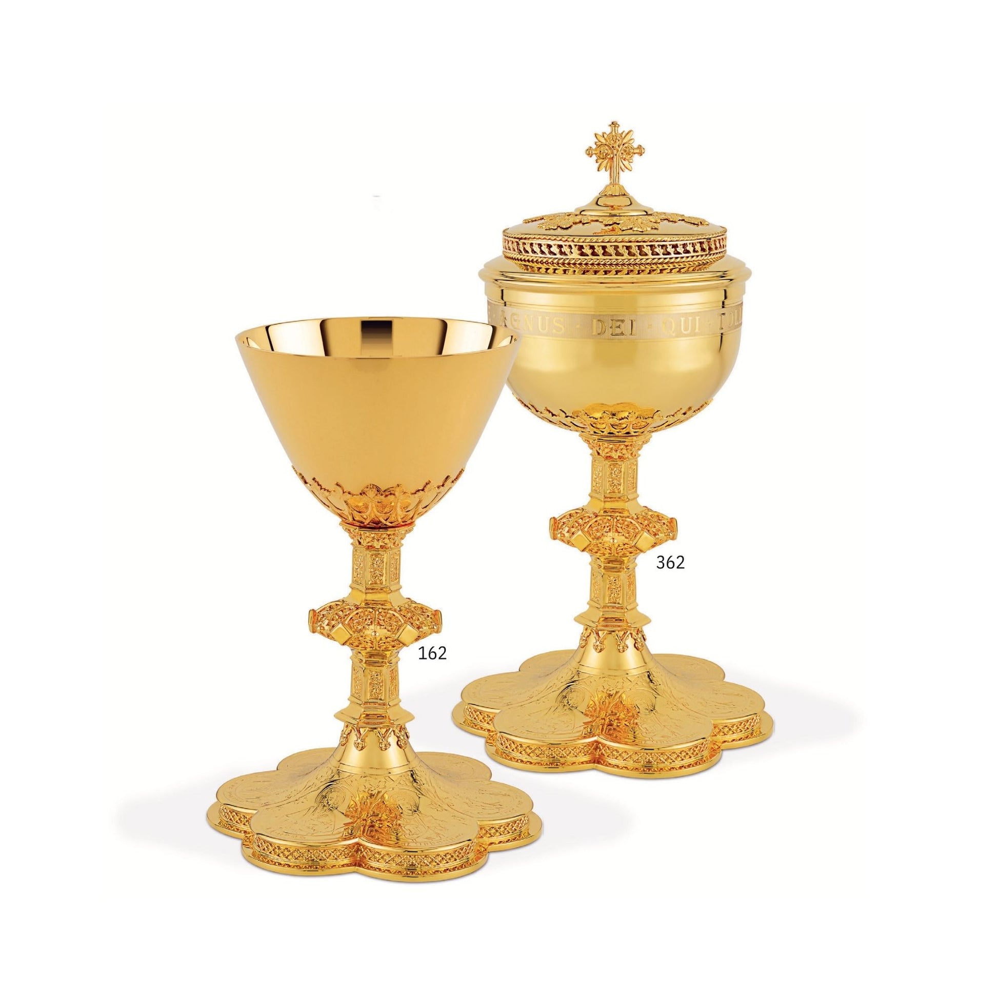 Chalice & Ciborium set neo-gothic style with engraved images of the 
Mother of God , Jesus  and  the Evangelists.  Sold by The Clergy Store